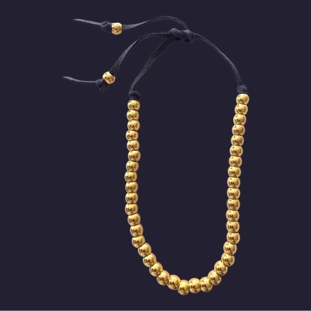 Adjustable Gold Plated Stainless Steel Beads Necklace -Purple Vegan Leather Cord
